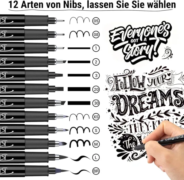 Kalligraafia pliiatsite komplekt - 12 erineva otsaga pliiatsit - Image 2