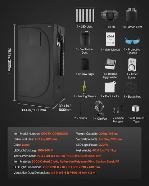 100 x 100 x 200 cm kasvutelk täisvarustusega - LED-valgus, ventilatsioon, peegeldav sisemus, koos aksesuaaridega nagu