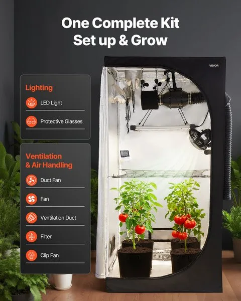 Tööstuslik kasvutelk 100 x 100 x 200 cm, sisaldab LED-valgust, ventilatsioonisüsteemi ja peegeldavat sisemusega. Näidatud on
