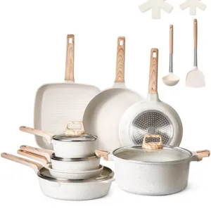 19-osaline valge graniitpinnaga köögitarvikute komplekt, mis sisaldab panne, potte, tööriistaid ja tarvikuid