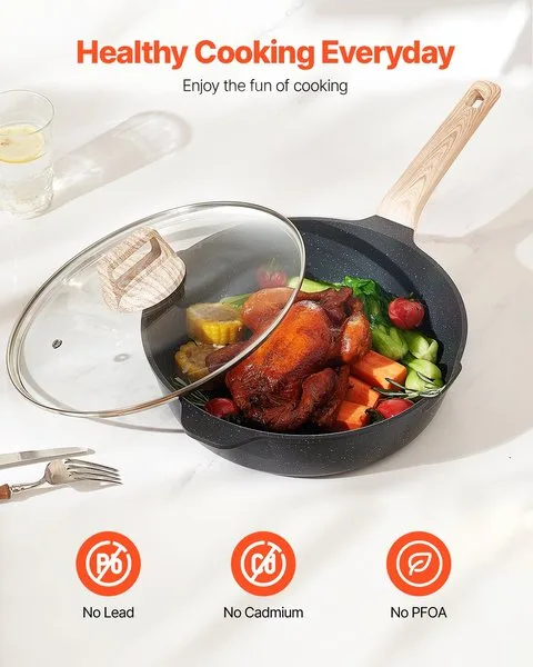 Töö- ja turvaomadused pannile: Pb-vaba, Cd-vaba, PFOA-vaba. Pann koos klaaskaane ja puidust käepidemetega, sobib