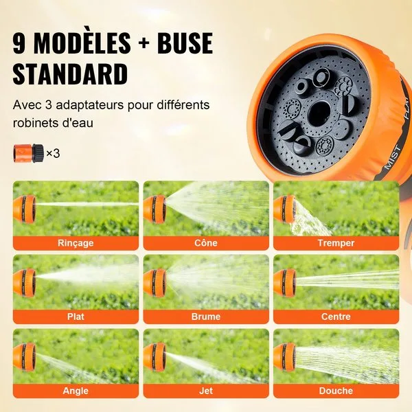 20m automaatne voolikurull - 9 erinevat veejoa mustrit koos 3 kohandatud adapteriga.