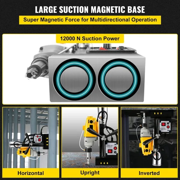 Magnetpuurimise suur alus - Mitmesuunaline suur magnetjõud 12000 N. Horisontaalne, püstne ja pööratud vaade puurimisseadme
