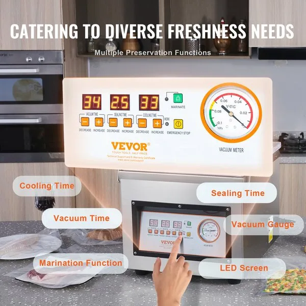 Vakuumpakkimise masin 320W, külgvaade - LED ekraan, jahutusaeg, sulgemisaeg, vaakumimõõtur, marinaadi funktsioon.