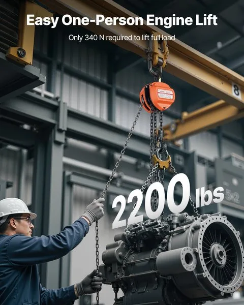 Raske tööstuslik tõstuk, 1 tonn, manuaalne käsiketiga plokk, 6 m tõstekõrgus, galvaniseeritud ketid, suur kandejõud.