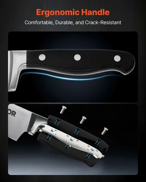 Köögitarvikute komplekt, mis sisaldab ergonoomilise käepidemega koka- ja leivanugasid, teritusvarrast ning lõikelauaplokki.