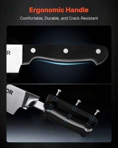 Köögikomplekt - Ergonoomilise käepideme ja kirju disainiga nuga, teritusvars ning puust terade alus, mis on valmistatud