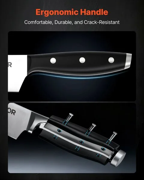 Ergonoomilise käepideme disainiga nuga. Mugav, vastupidav ja pragude eest kaitstud komplekt roostevabast terasest noateraga