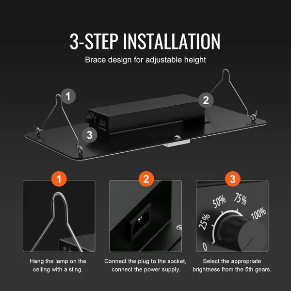 LED-kasvulamp, 3-etapiline paigaldus, täisspektriga hämardatav, kasvukast kuni 121,9 x 91,4 cm, Samsung 2B1B dioodid,