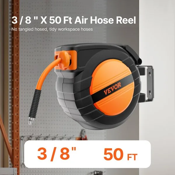 Õhuvooliku reguleeritav kerikel, 3/8" x 15m hübriid õhuvoolik max 300PSI, automaatse tagasikerija, seinale/lakke paigaldatav