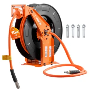 Automaatselt keritav suruõhurull, 15m pikkusega ja 9,5mm läbimõõduga, maksimaalse töörõhuga 300PSI, koos 1,52m juhtmega