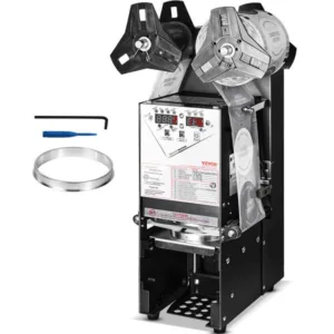 Täisautomaatne tassikatte sulgemise masin, digitaalse juhtpaneeli ja LCD-ekraaniga, mustast metallist korpus, tarvikud