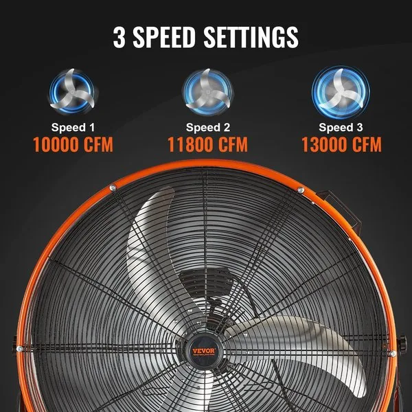 Tööstuslik õhutusventilaator, 30-tollinen, 3 kiirusetasemega 10000 CFM, 11800 CFM ja 13000 CFM.
