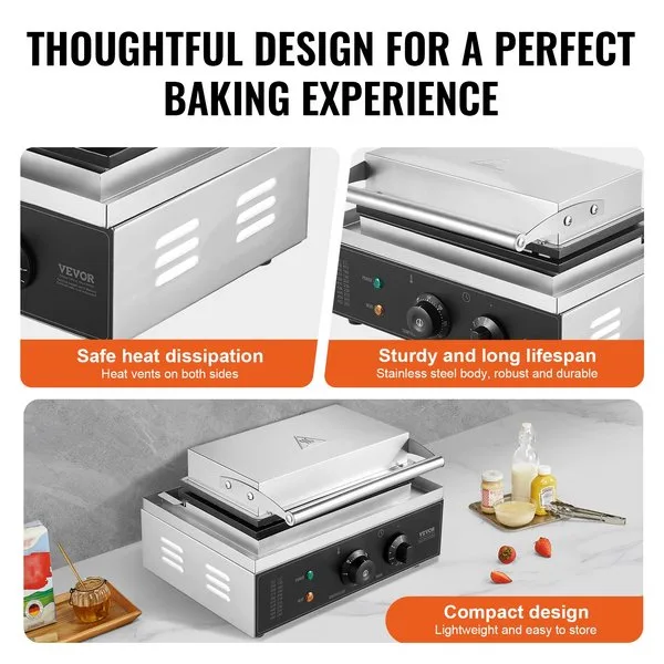 Lõunasöök-vahvlipulkade masin. Peavaade - roostevaba teras, ohutud jahutusavad. Külgvaade - kompaktne disain, juhtnupud