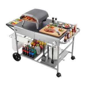 Väliterrassi grillilaud 925 x 595 mm tööpinnaga, liigutatav valmistamise laud 4 maitseainenõuga, ratastega, kaantega,
