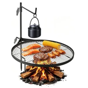 Lõkkegrill peavaade ümmargune rest toiduga tulel