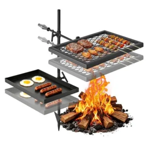 Lõkkegrill must kahekihiline rest toiduga lõkke kohal