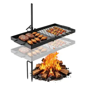 Pöörlev lõkkegrill peavaade must teras plaadi ja võrega tulel