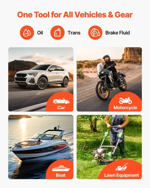 Vedelikuimeja infograafik: auto, mootorratas, paat, niiduk